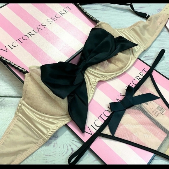 V.S.-2pc Shine Strap Unlined Sheer-Mesh Bow Balconette Bra & Bow Thong Set-36D-L - Picture 5 of 10